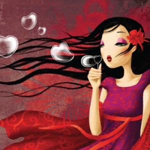 girl-with-long-hair-blowing-heart-shaped-bubbles-pink-red-feminine-woman-fine-art-oil-painting-beautiful